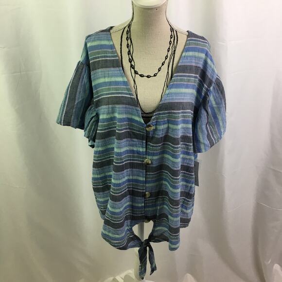 a.n.a button down tie off blouse cool stripe combo - Picture 1 of 16